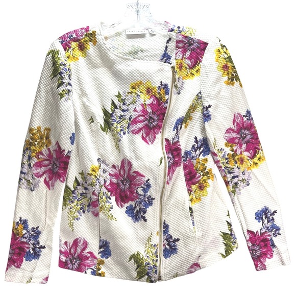 Susan Graver Jackets & Blazers - Susan Graver Floral Moto Jacket White Textured Waffle Knit Asymmetric Zip Size 6